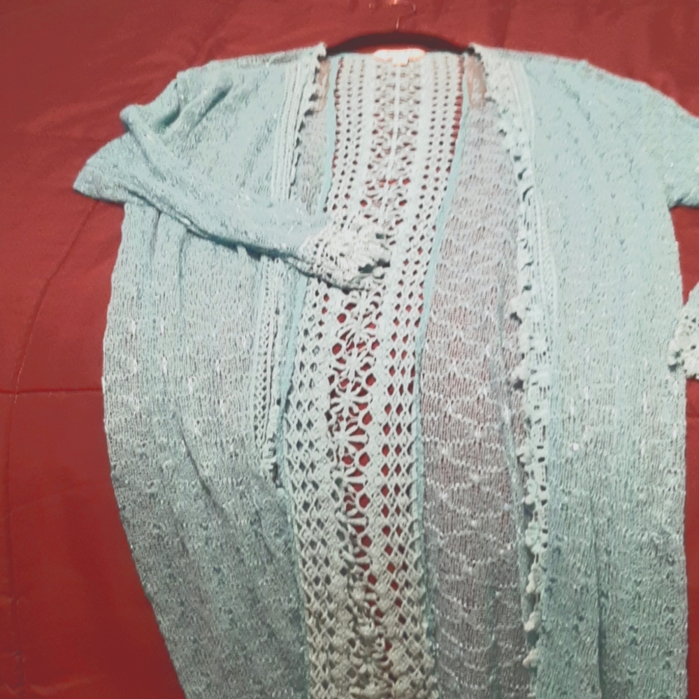 Long turquoise green sweater jacket w/ lace